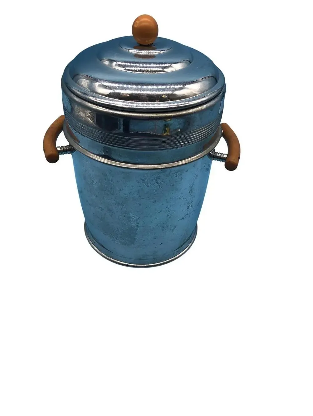 Vintage Keystoneware Ice Bucket Silver Chrome Ceramic Lined Bar Handles USA